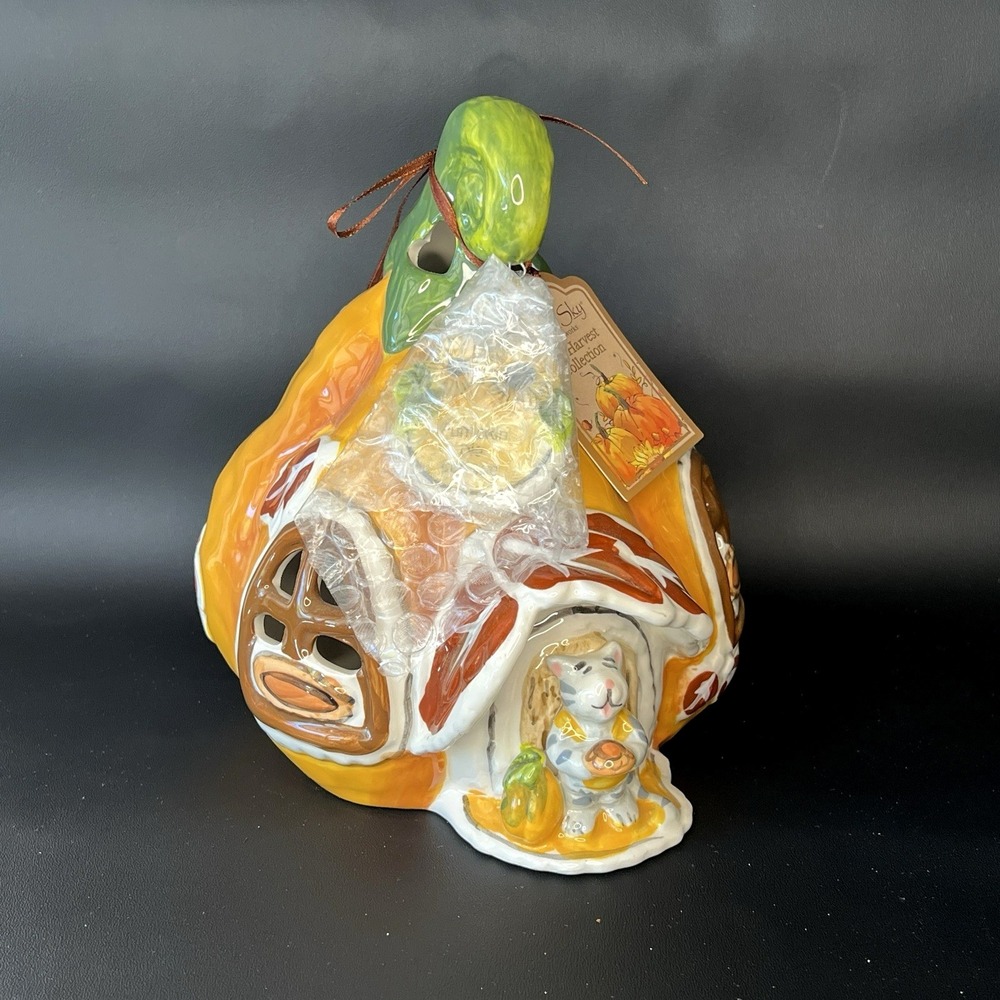 Blue Sky Clayworks Pumpkin Pie Cottage Cat‎ Kitty House Tealight Candle 2018